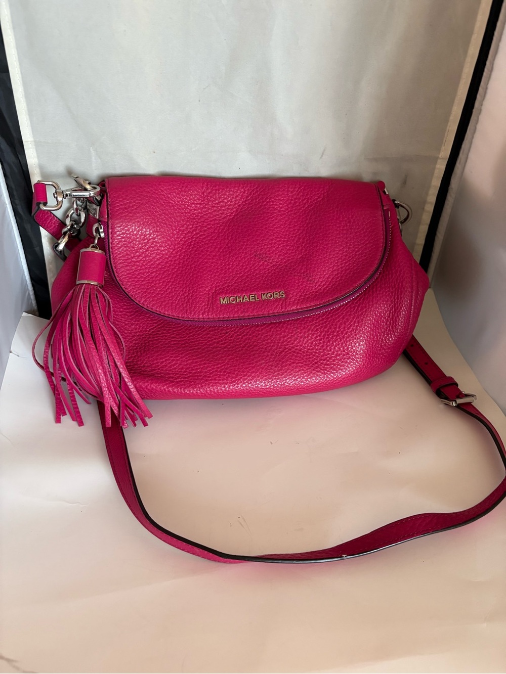 Michael Kors Hot Pink Pebbled Leather Crossbody with Tassel